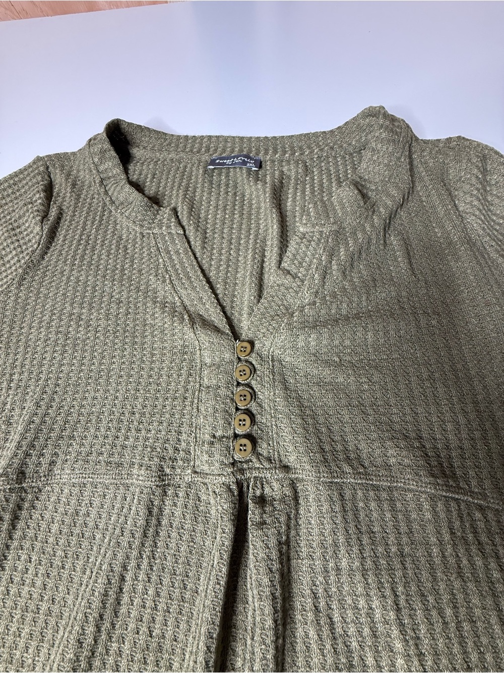 Plus Olive Green Ruffle Hem Henley Top - 740-741 - Picture 3 of 8